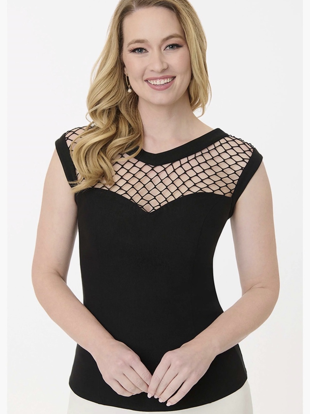 Unique Vintage Black Sleeveless diamond cut Mesh Yoke Camisole